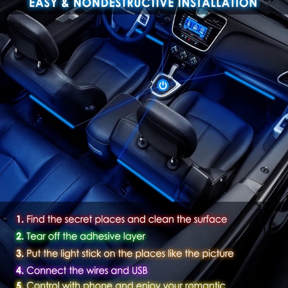 RGB Car Interior LED Strip Lights (4-Piece) | App Control, Music Sync, USB Plug - Picture 7 of 7